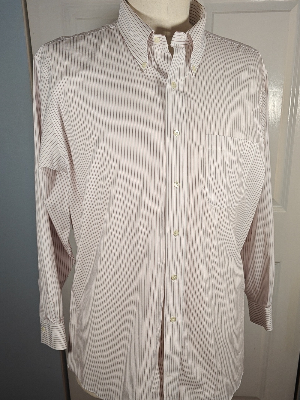 Brooks Brothers Mens 18 34 Cream Red Vertical Pinstripe Button Down Dress Shirt